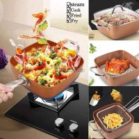 Ceramic Non-Stick Pan Copper Square Pan Induction Chef Glass Lid Fry Basket Steam Rack 4 Piece Set - 7